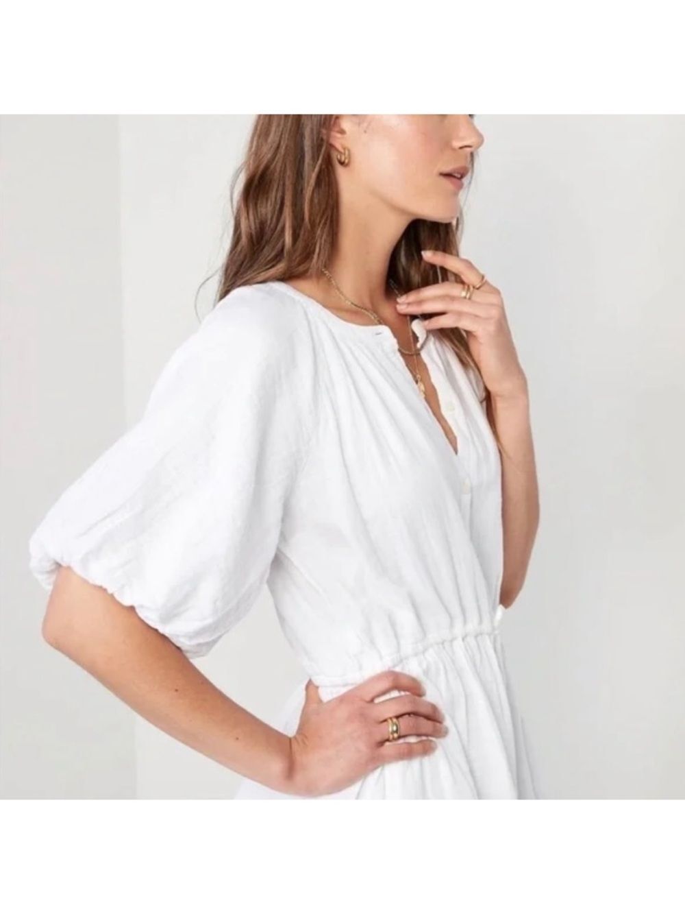 OLD NAVY NEW White crinkle-gauze puff-sleeve cotton mini dress LG Beachy Cottage